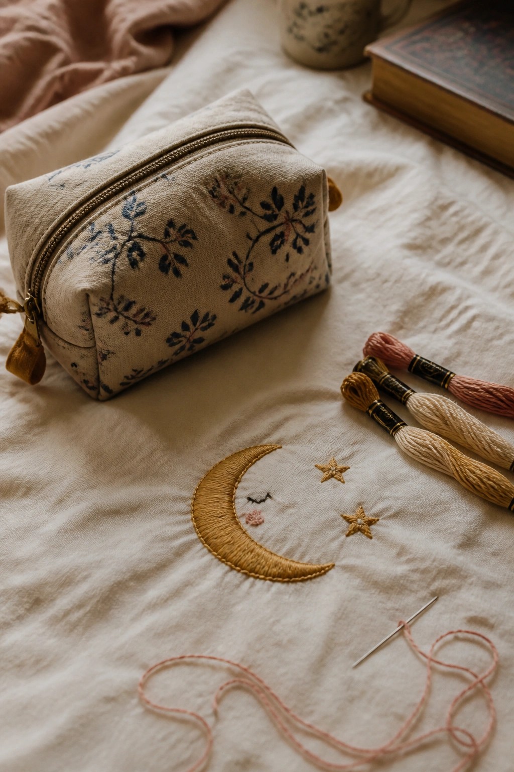 Embroidered golden moon with face and stars beside floral pouch and embroidery threads