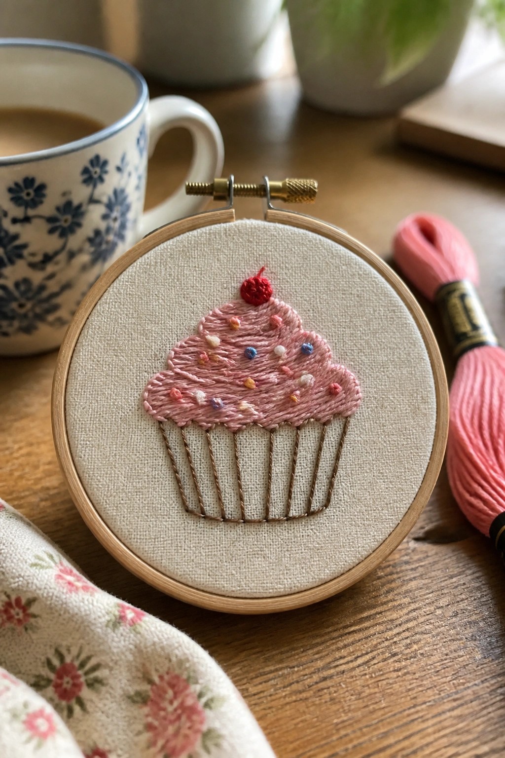 Pink embroidered cupcake in wooden hoop beside pink thread and floral mug