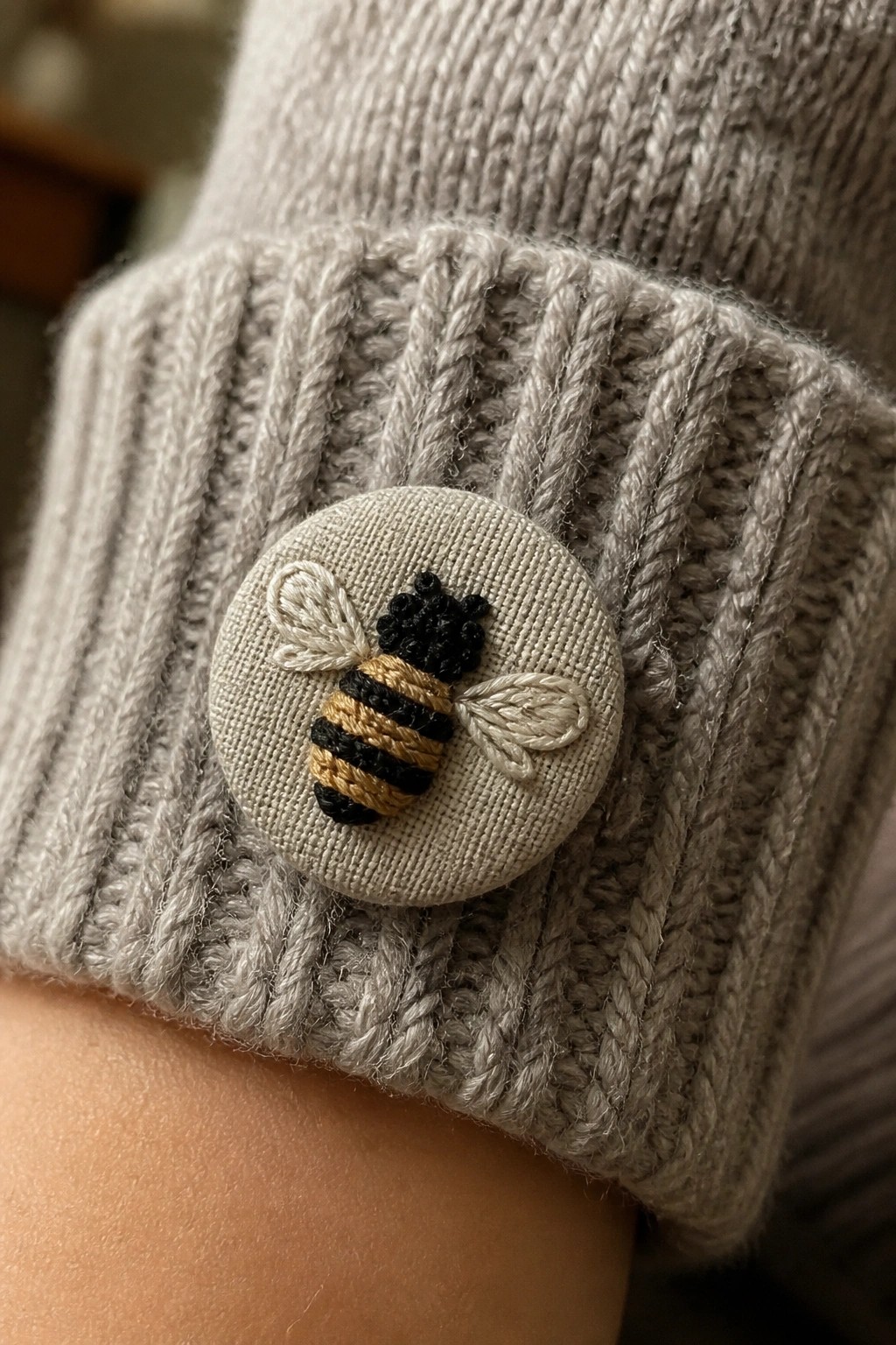 A close-up of a small embroidered bee on a round fabric patch attached to the cuff of a gray knitted sweater.
