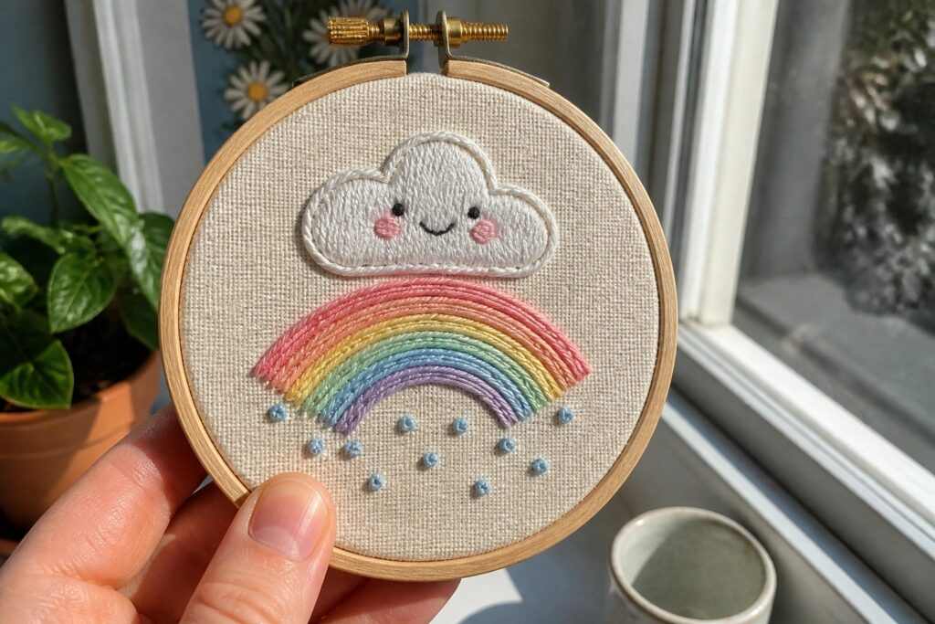 Hand holding embroidery hoop with smiling cloud, pastel rainbow, and raindrops.