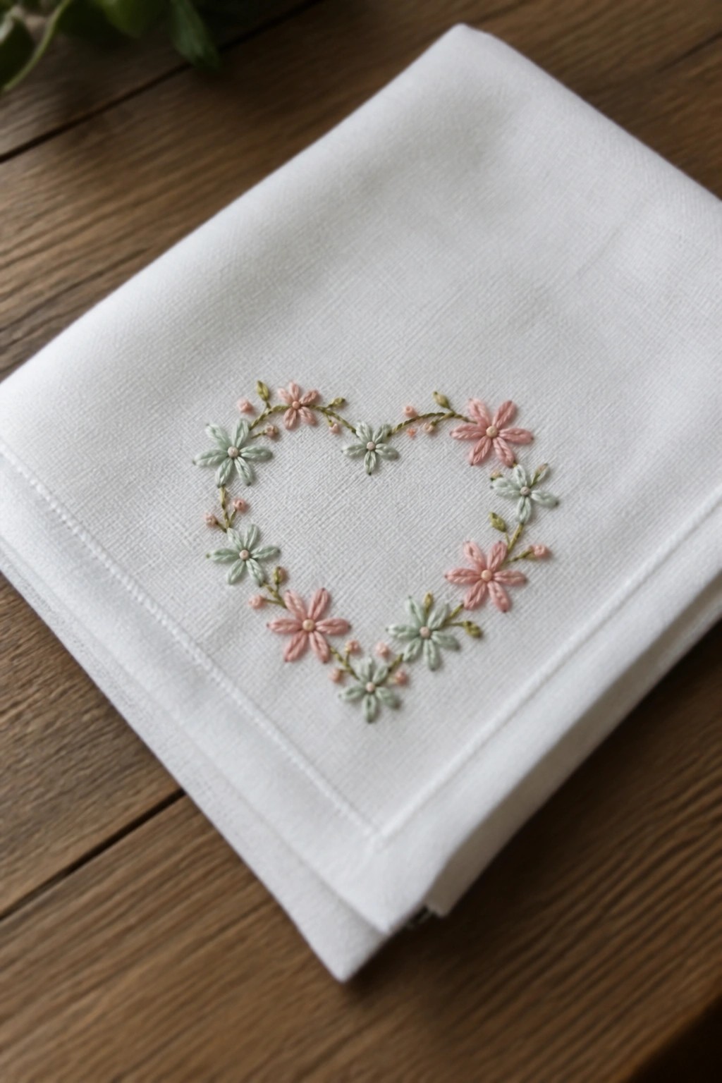 White napkin with pink and mint floral heart embroidery on wood.