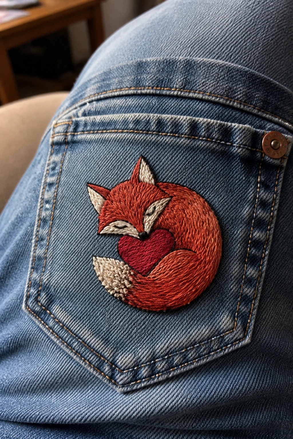 Red fox embroidery curled around a heart on the back pocket of blue jeans.