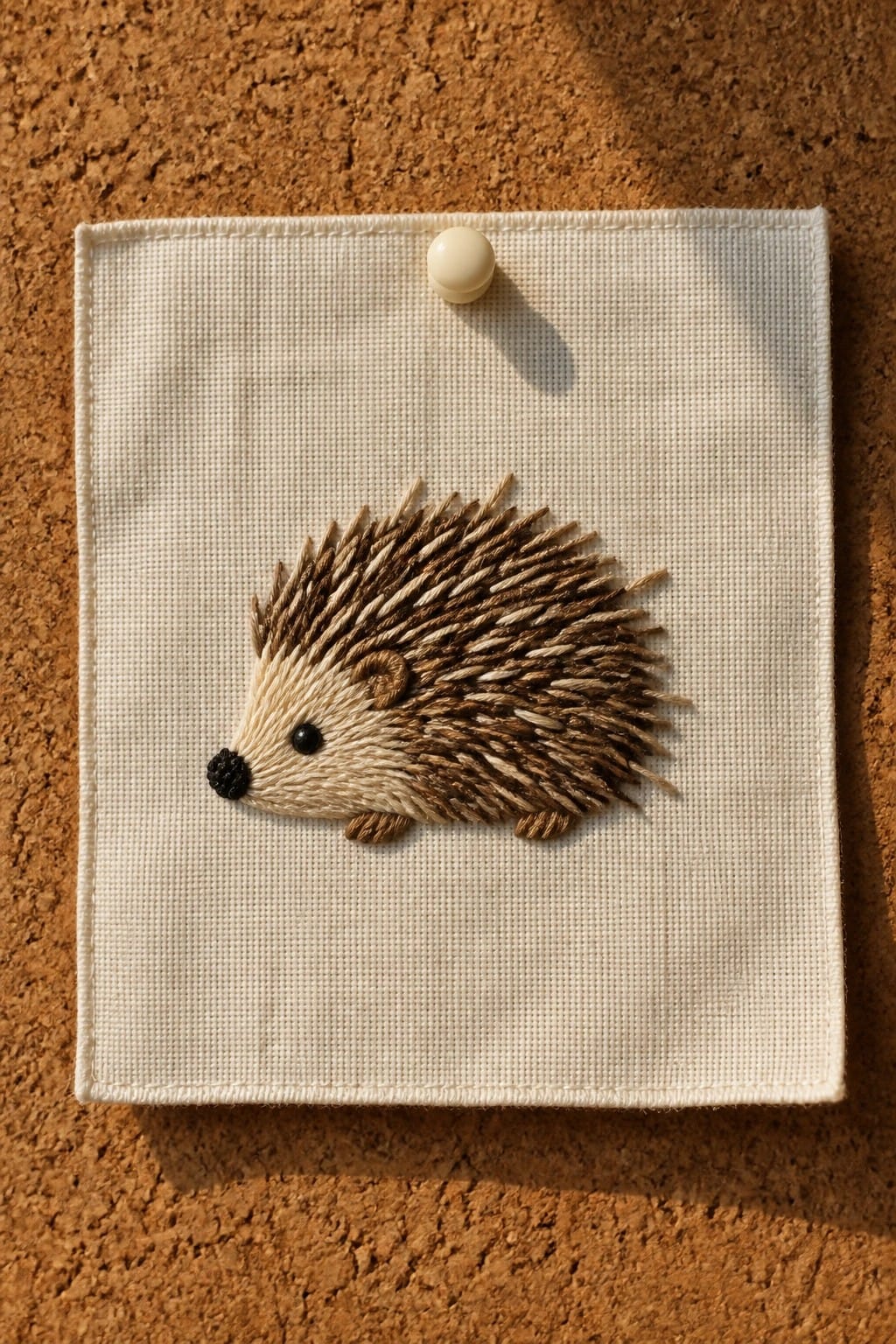 Embroidered brown hedgehog on white fabric pinned to corkboard with pushpin