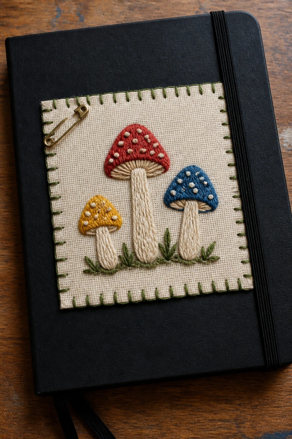 A black notebook cover with a rectangular embroidered patch showing three mushrooms in red, yellow, and blue on beige fabric with green border stitching.