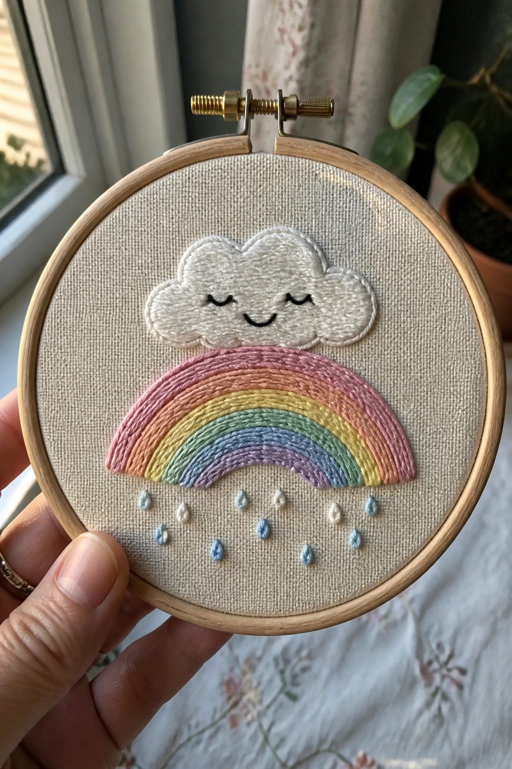 Hand holding embroidery hoop with smiling cloud, pastel rainbow, and raindrops.