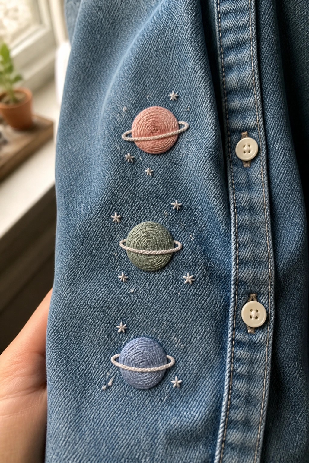 Three embroidered planets in pink, green, and blue with rings and small stars on blue denim next to white buttons.