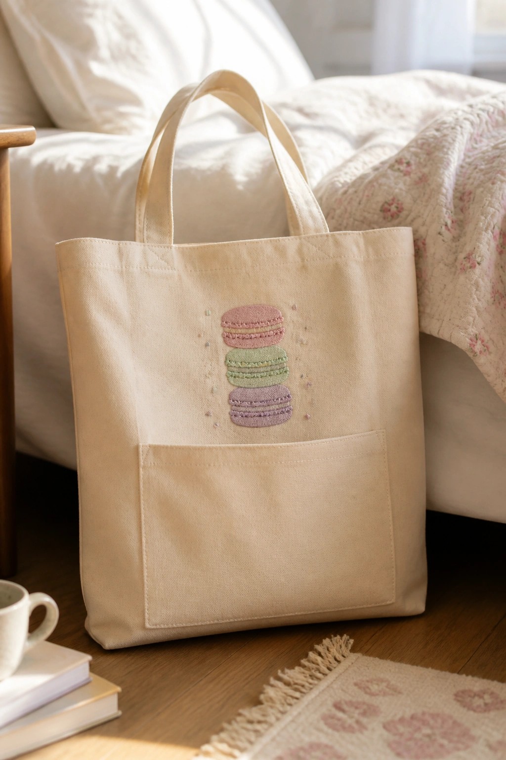 A beige canvas tote bag embroidered with a stack of three pastel macarons above the front pocket.