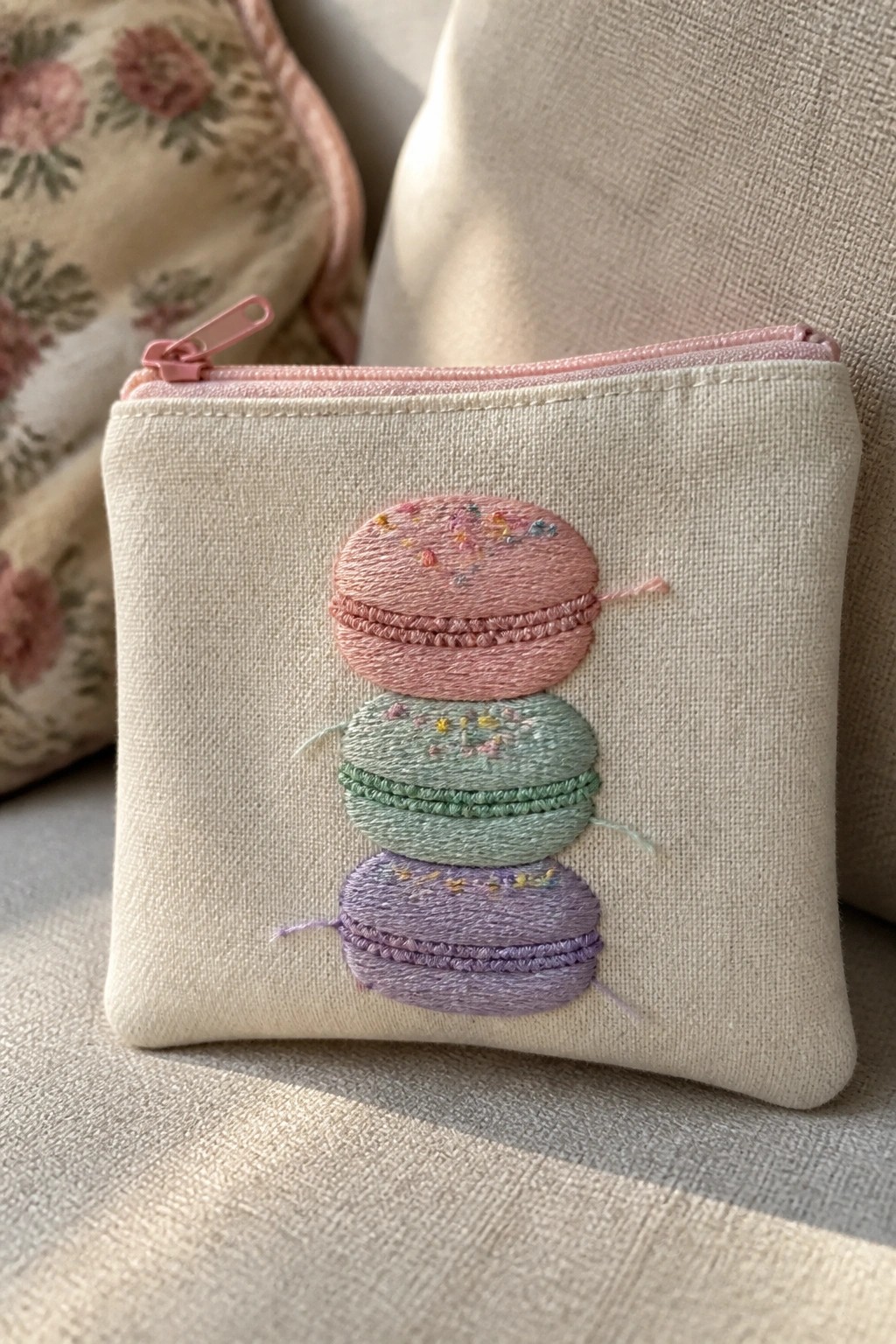Off-white zippered pouch with embroidered pink, green, and purple macarons