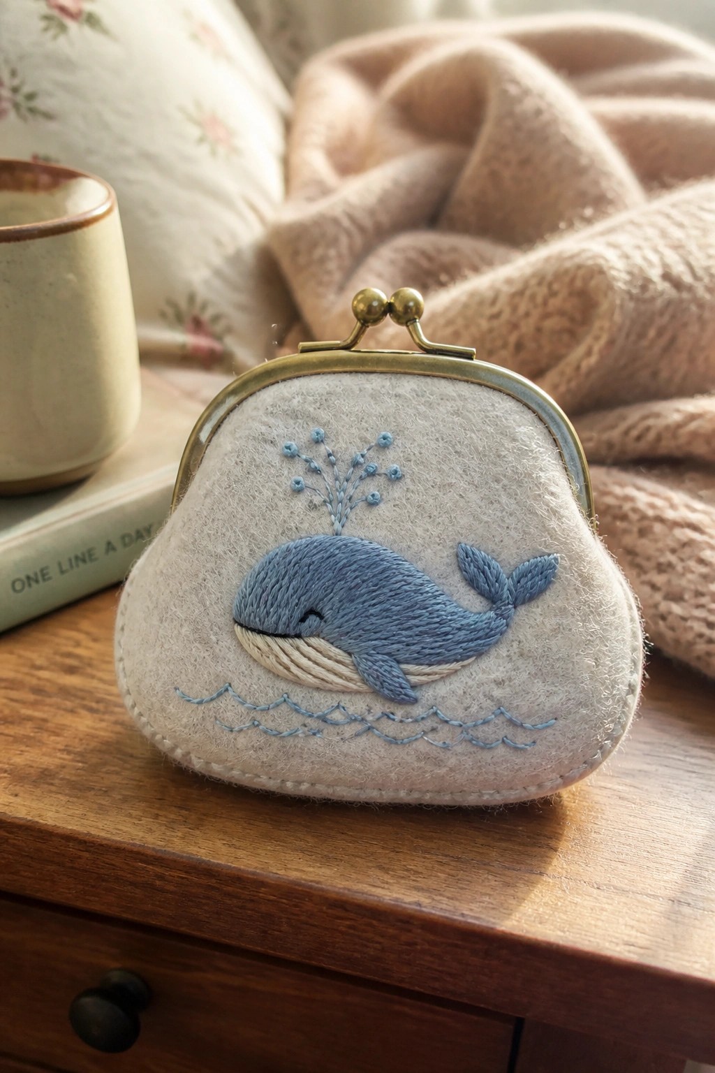 Beige felt coin purse with blue embroidered whale on wooden table beside mug and book