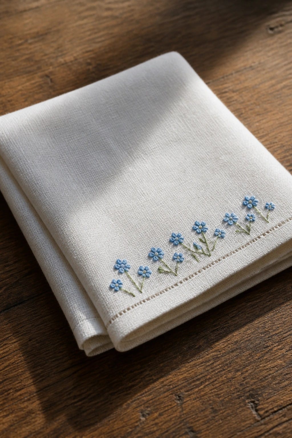 Folded white linen napkin with delicate blue floral embroidery on wood.