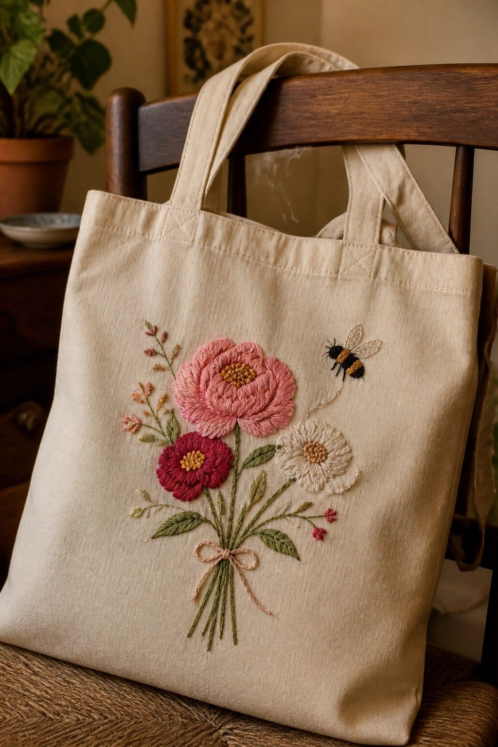 Cream canvas tote with pink rose embroidery and green leaves on gray couch.