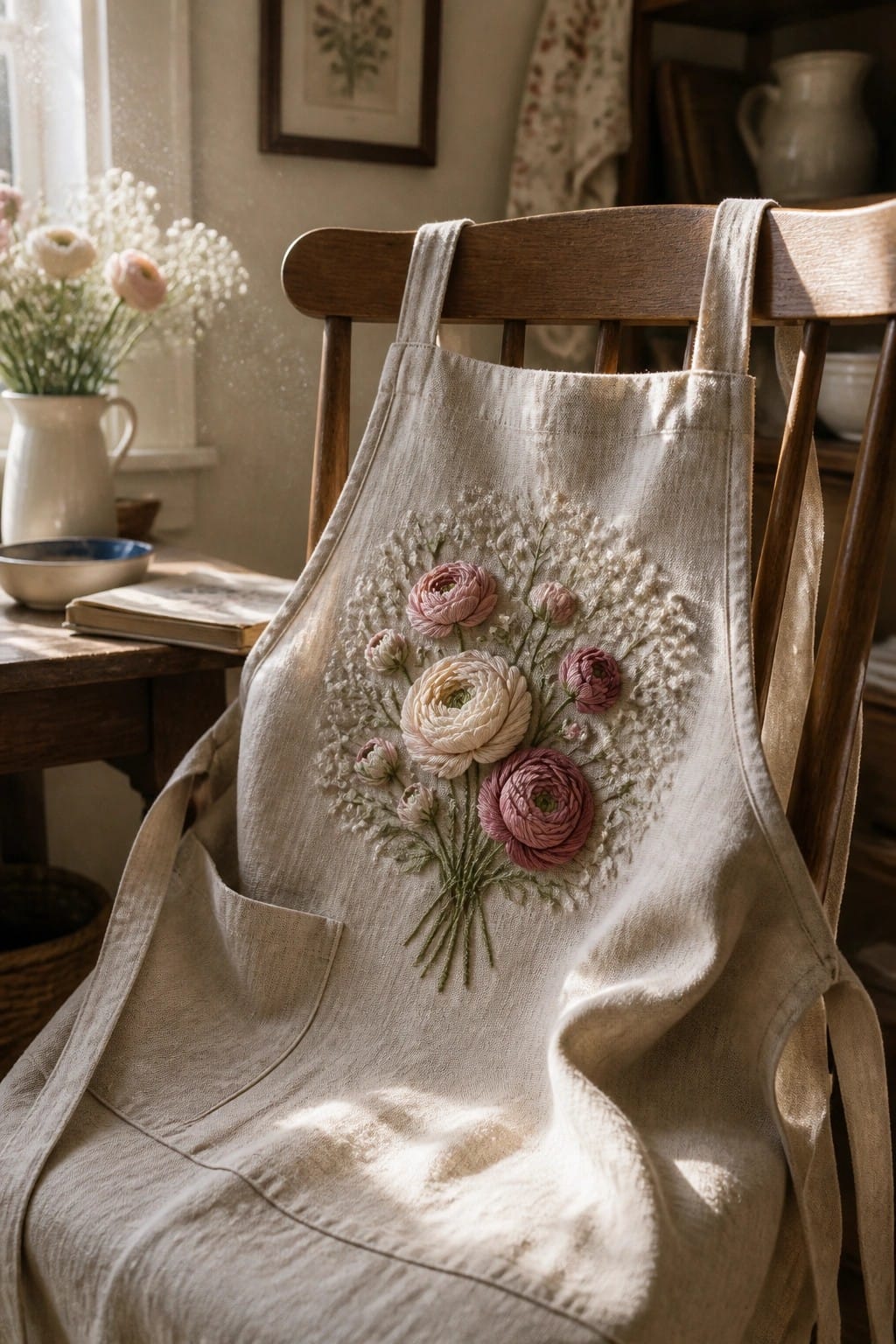 Linen apron with pink and white floral embroidery draped over wooden chair.