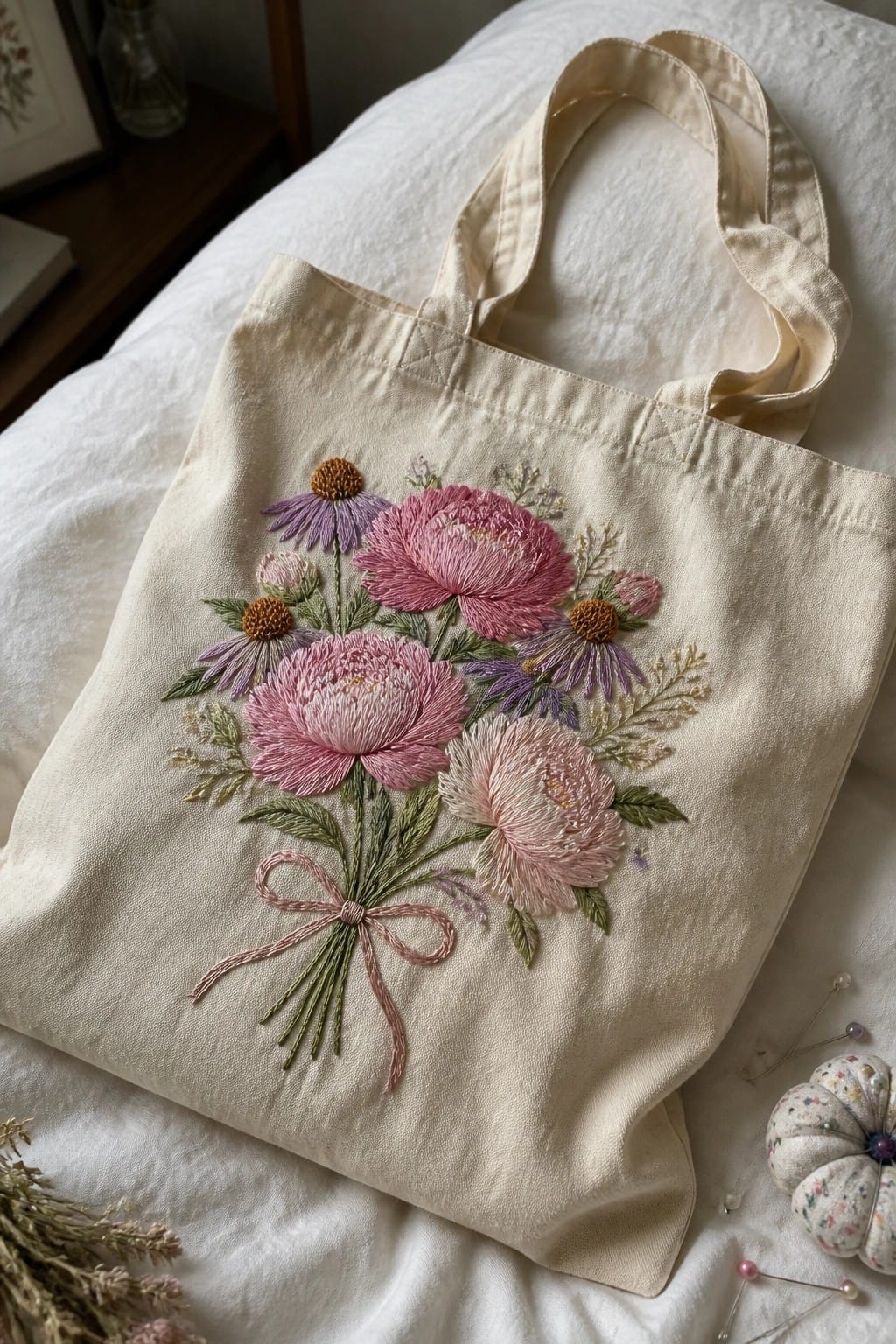 A cream tote bag with embroidered pink peonies, purple flowers, and a pink bow tied around the stems.