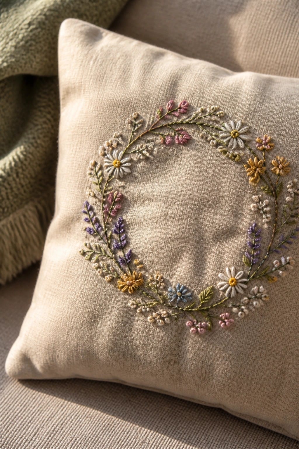 Beige linen pillow embroidered with colorful floral wreath on a couch.