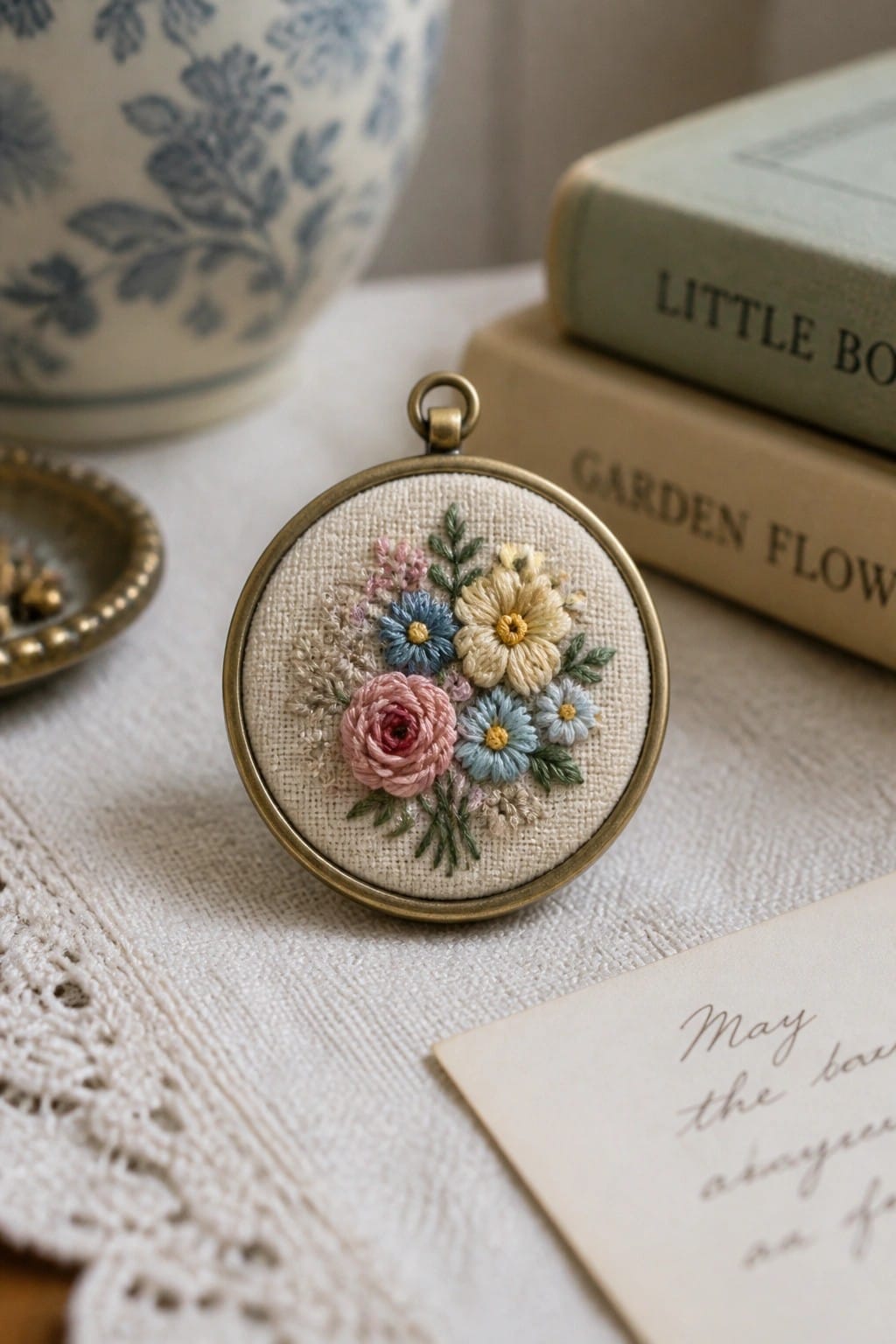 Embroidered pink rose and blue flowers in vintage brass circular frame
