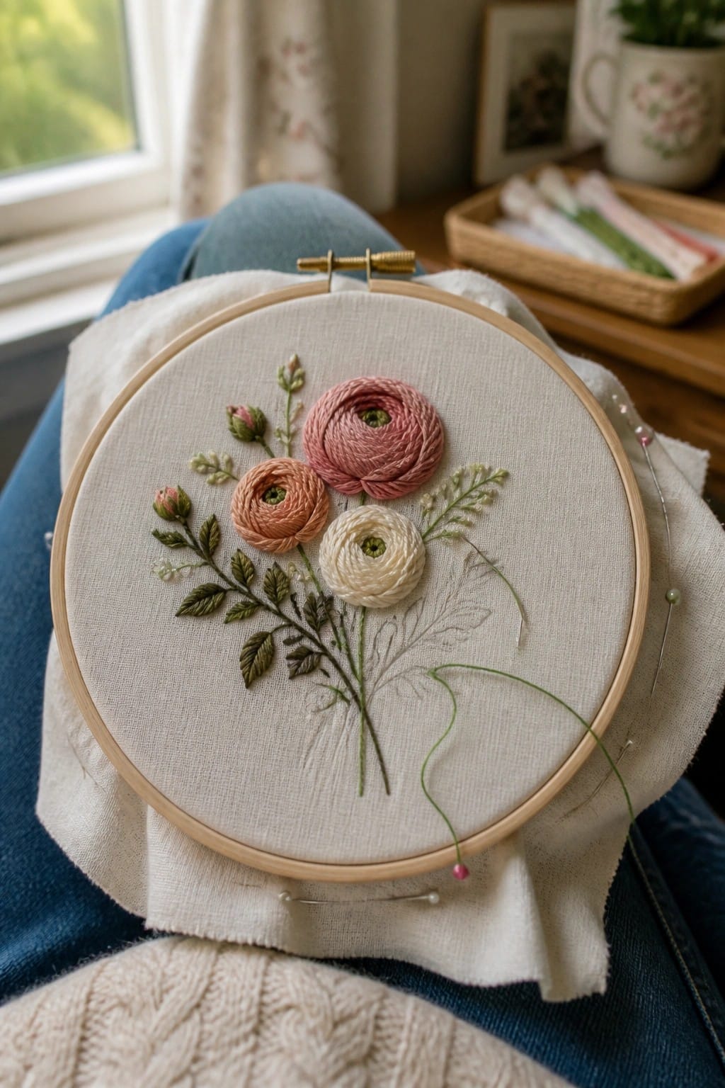 Embroidery hoop with pink and white flowers on lap in blue jeans.