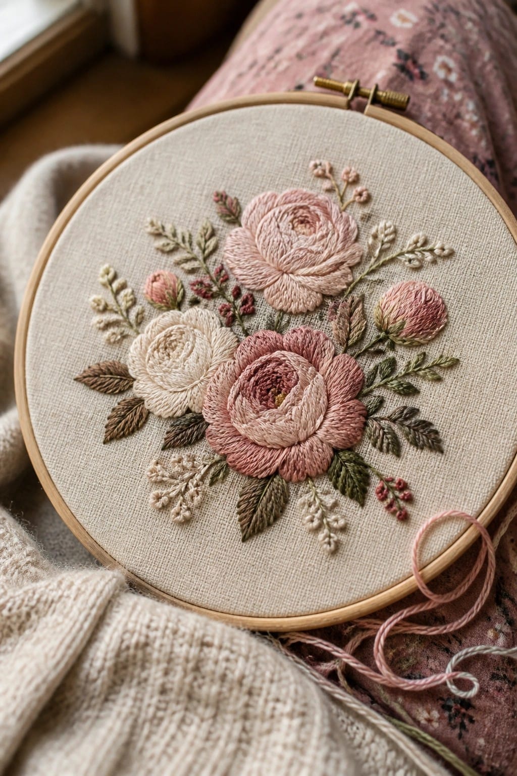 Pink rose embroidery in wooden hoop on beige fabric with loose threads