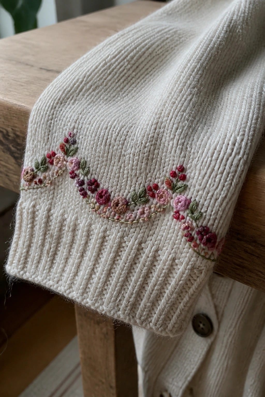 Cream ribbed cardigan with pink floral embroidery on wooden table