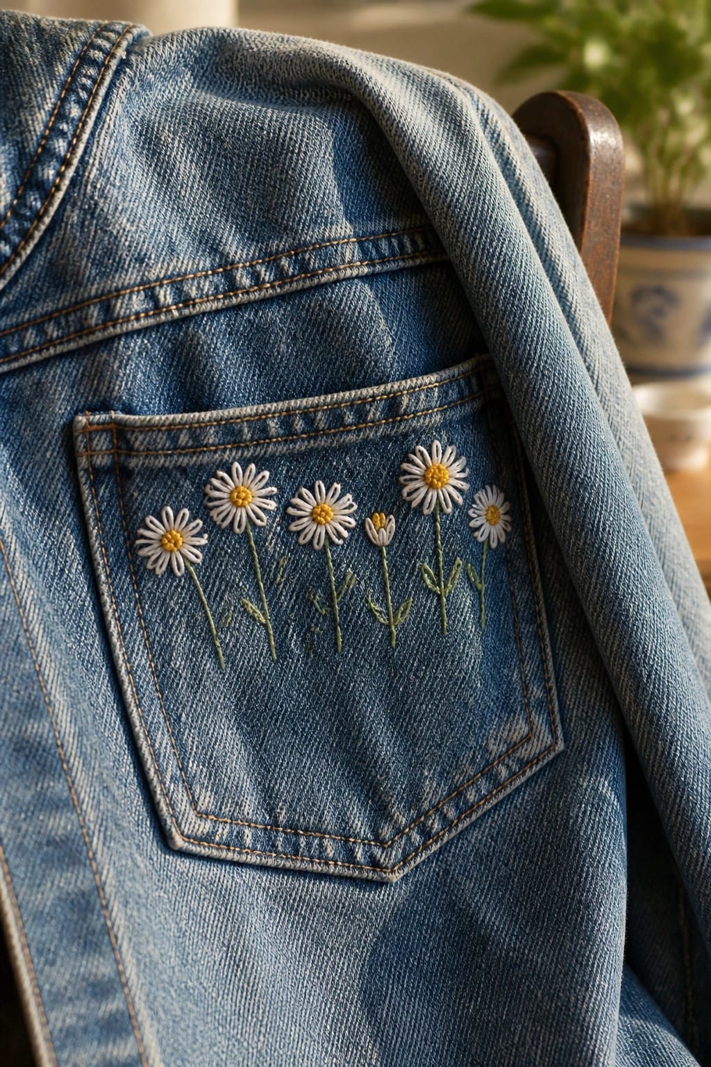 Blue denim jeans pocket embroidered with white daisies on green stems