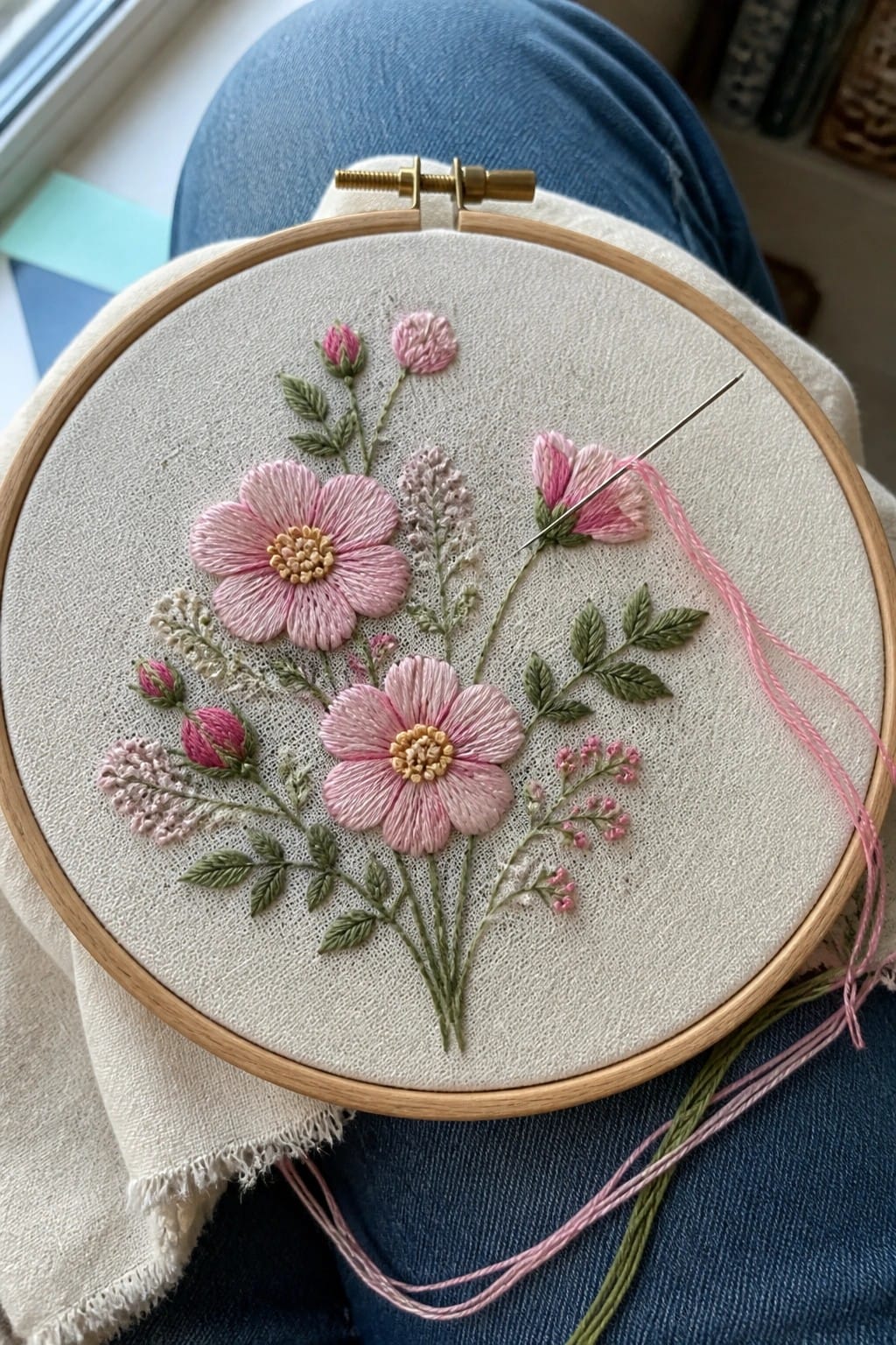 Sage green shorts with daisy embroidery on wooden chair beside potted plant