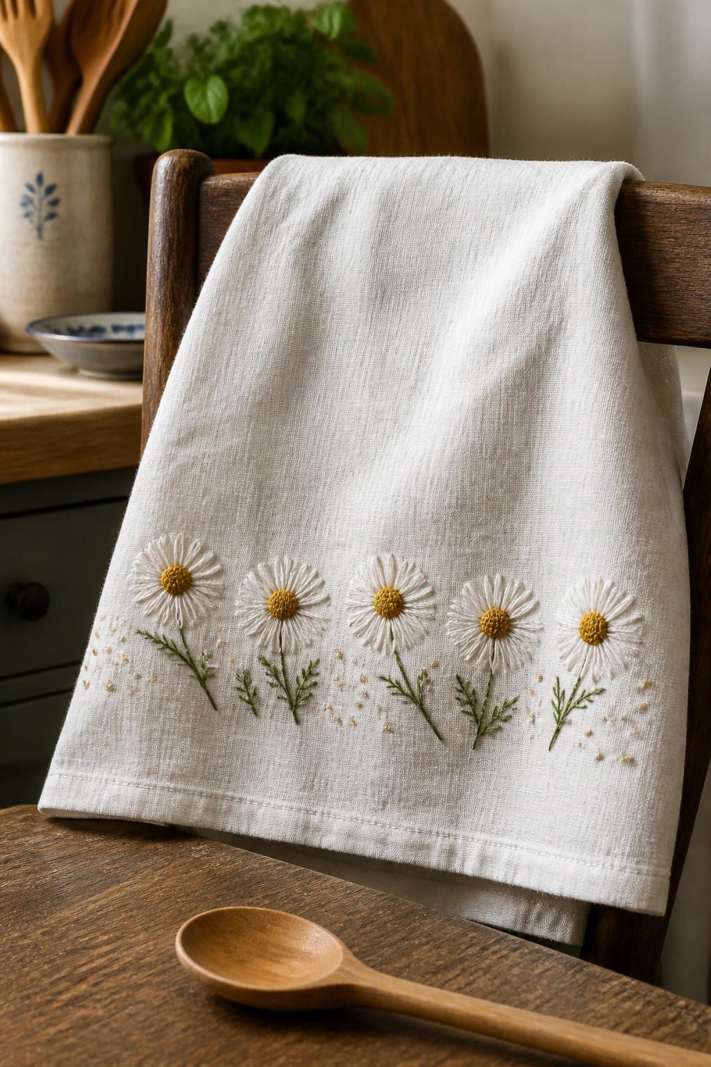 A white towel embroidered with a row of five daisies hangs over a wooden chair next to a wooden spoon.