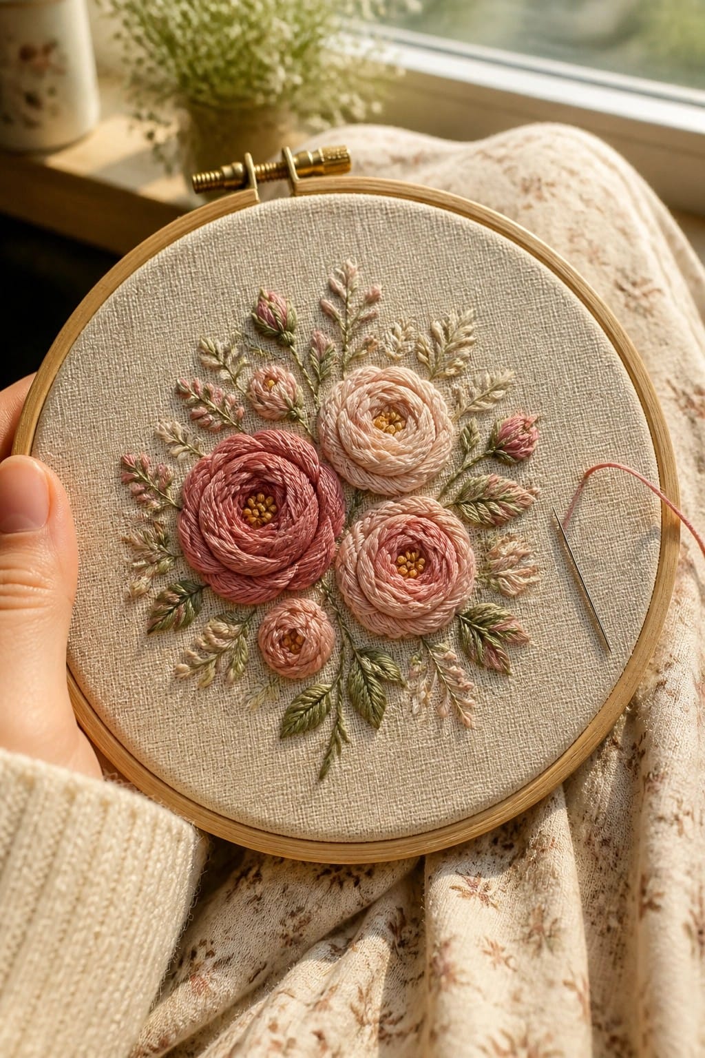 Hand holding hoop with white and yellow embroidered daisies over blue jeans.