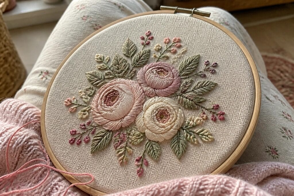 24 Classic Cute Flower Embroidery Ideas That Always Feel Soft and Timeless Pink rose embroidery in wooden hoop on beige fabric with loose threads