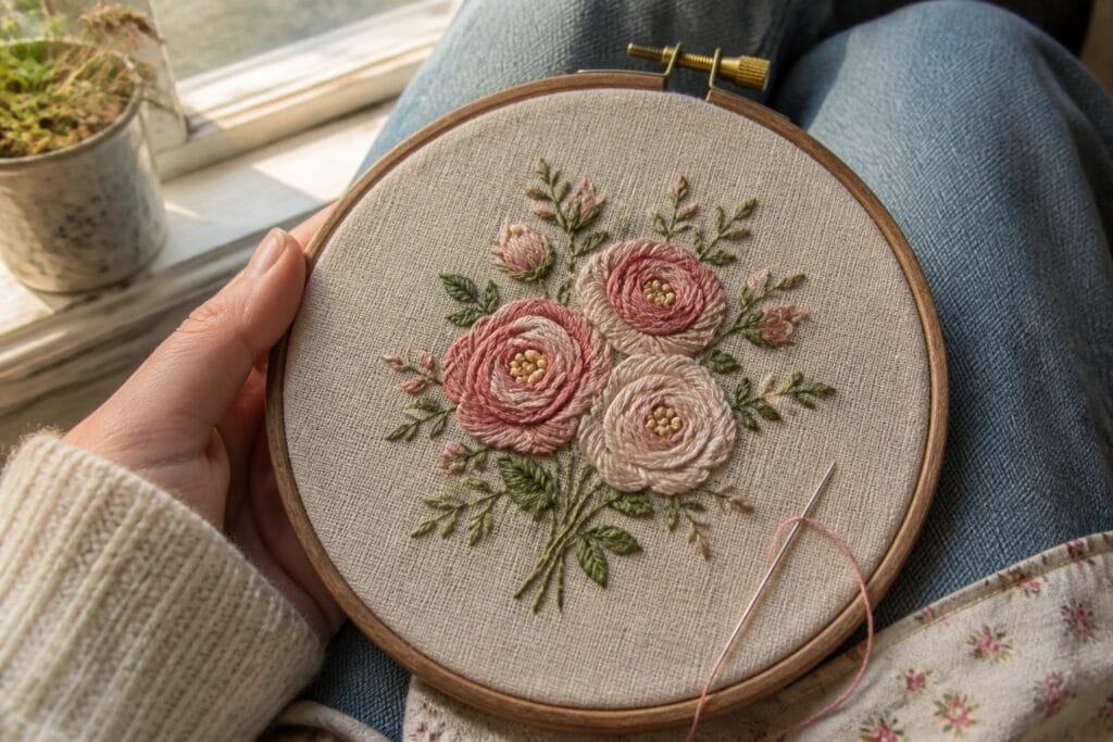 Hand holding hoop with white and yellow embroidered daisies over blue jeans.