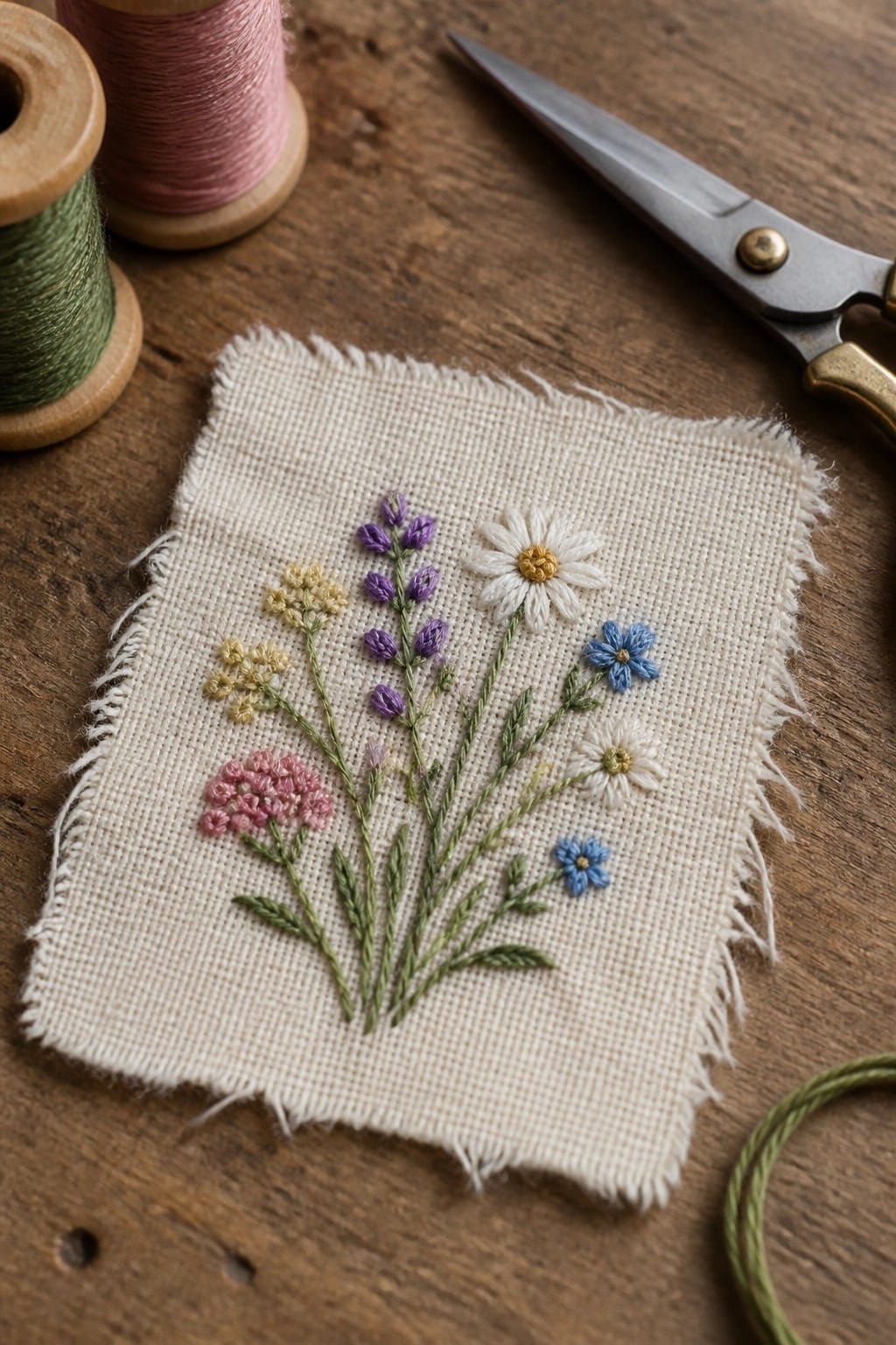 Teal zippered pouch with colorful floral embroidery on bathroom countertop.