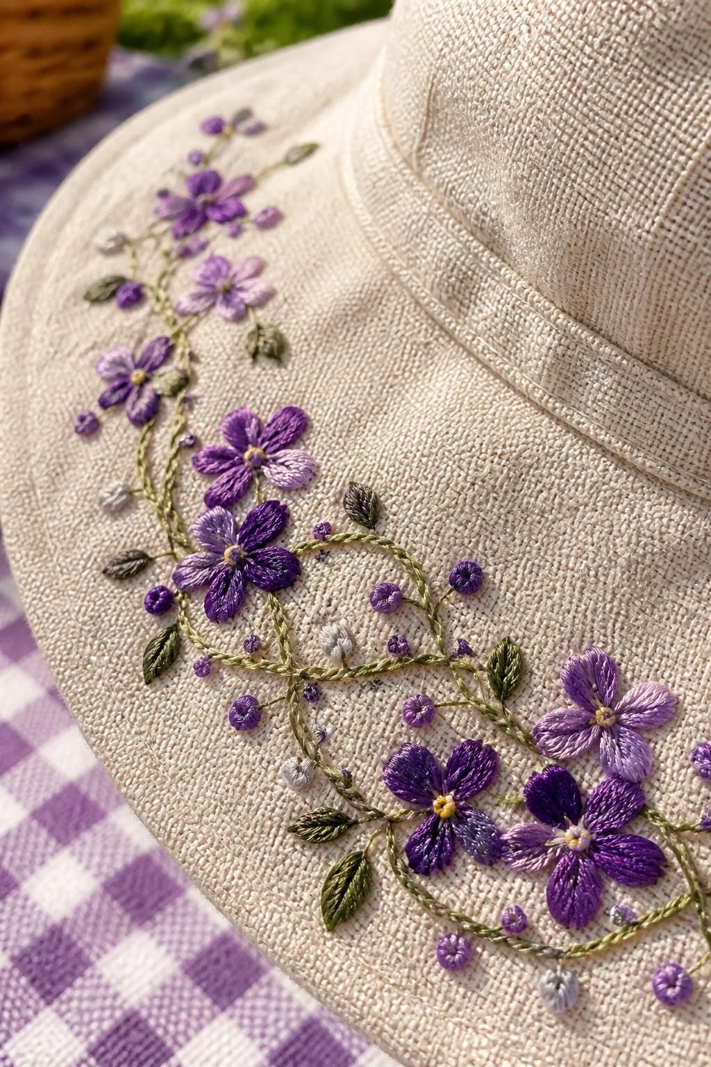 Close-up of a beige fabric hat with purple flowers and green embroidered vines along the brim on a checkered surface.