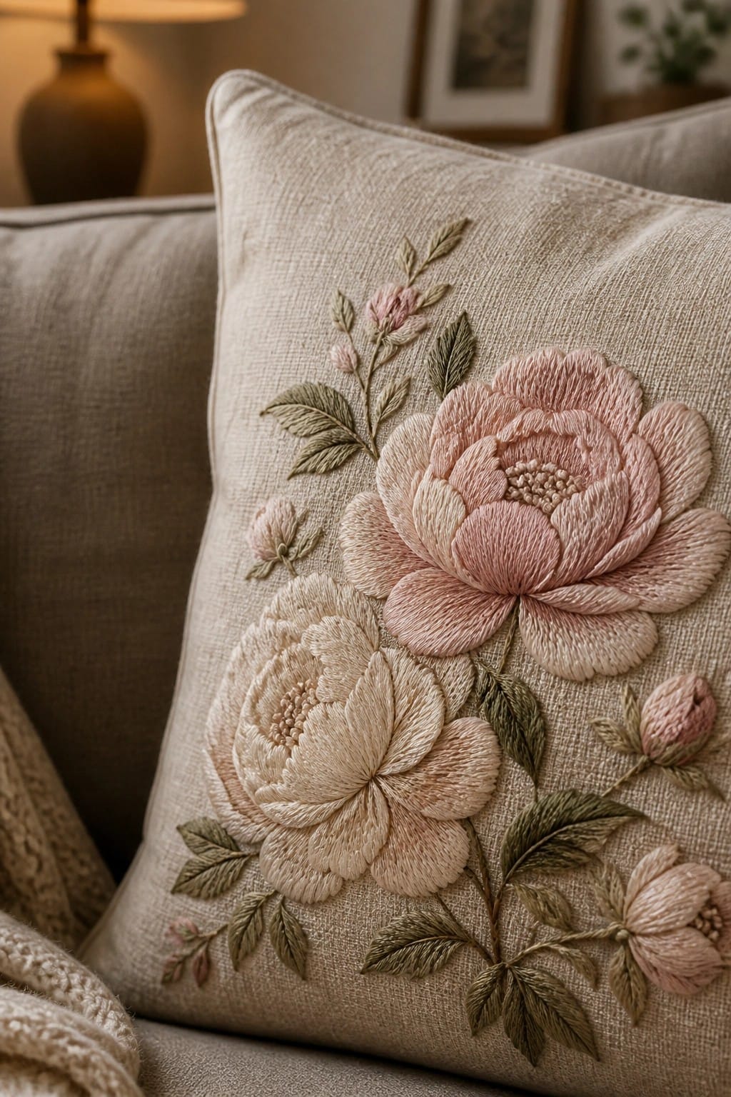 Beige knit cardigan sleeve featuring scalloped floral embroidered elbow patch over blue jeans.
