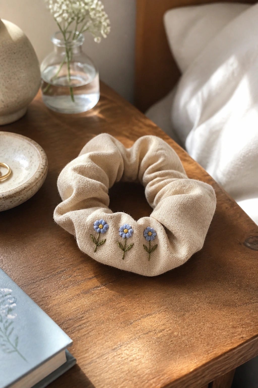 Close-up of a blue shirt collar with a small purple flower embroidered on the pointed tip.
