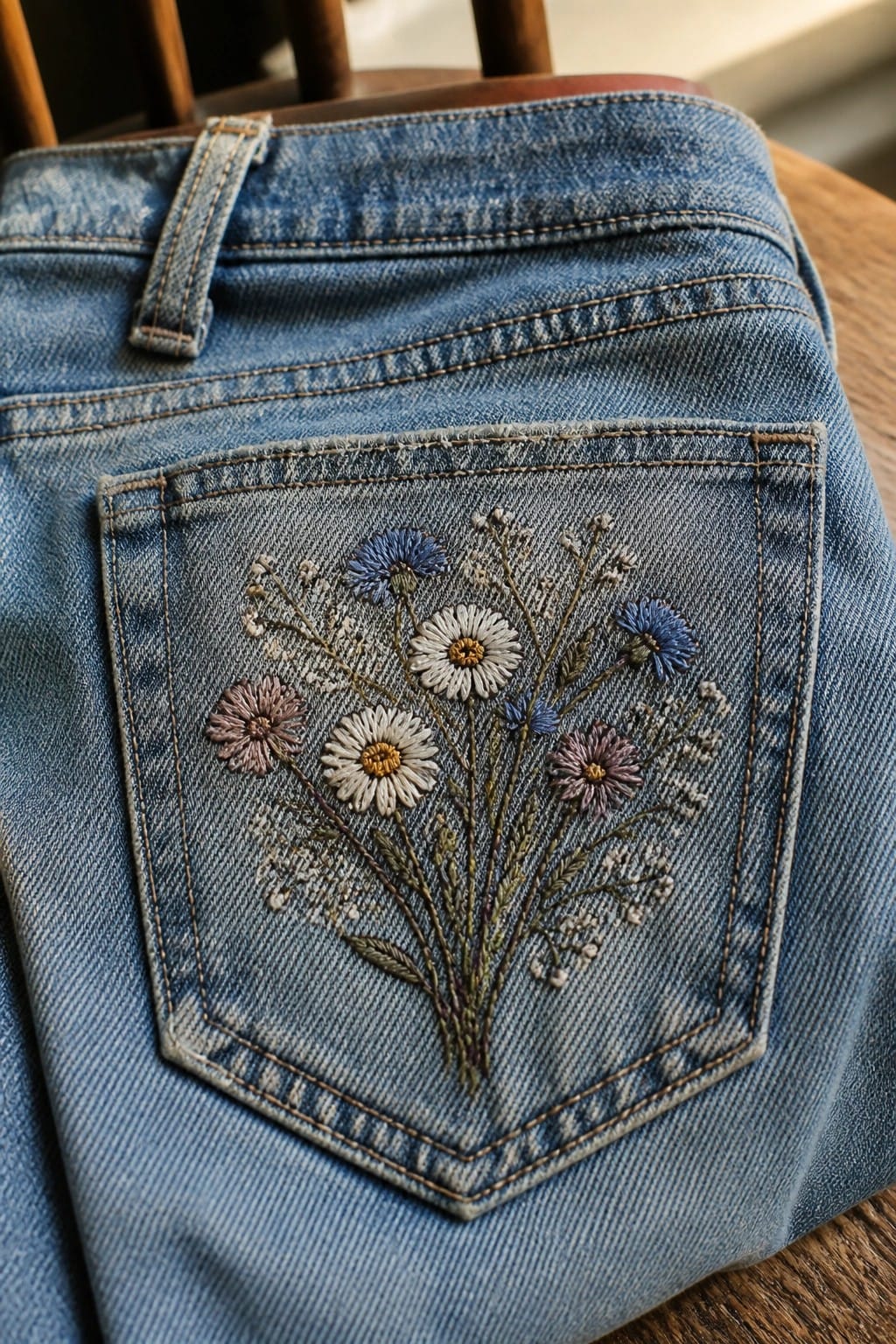Denim jeans pocket with colorful embroidered flowers, bee, and manicured hand touching it