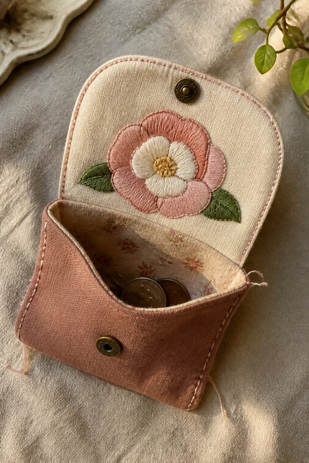 Open pink-embroidered fabric pouch with snap closure revealing coins inside.