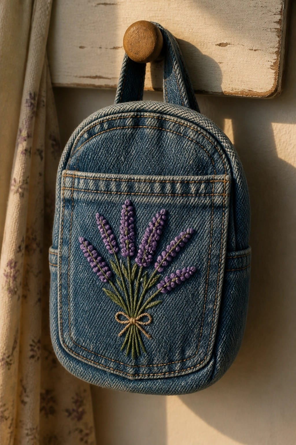 A small blue denim backpack hangs from a wooden peg, showing a pocket embroidered with purple lavender stems tied in a bow.