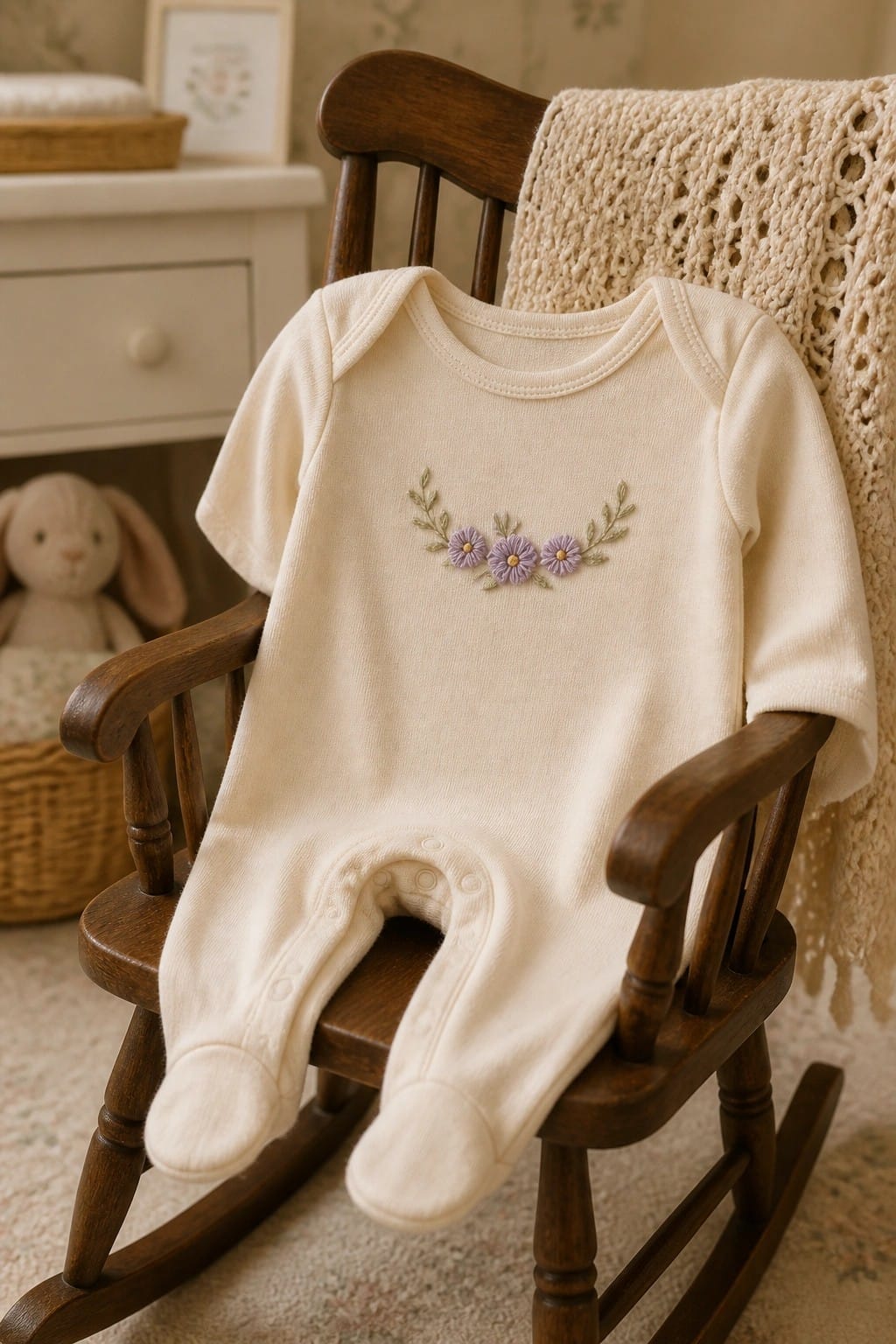 Cream baby onesie with purple floral embroidery on wooden rocking chair in nursery