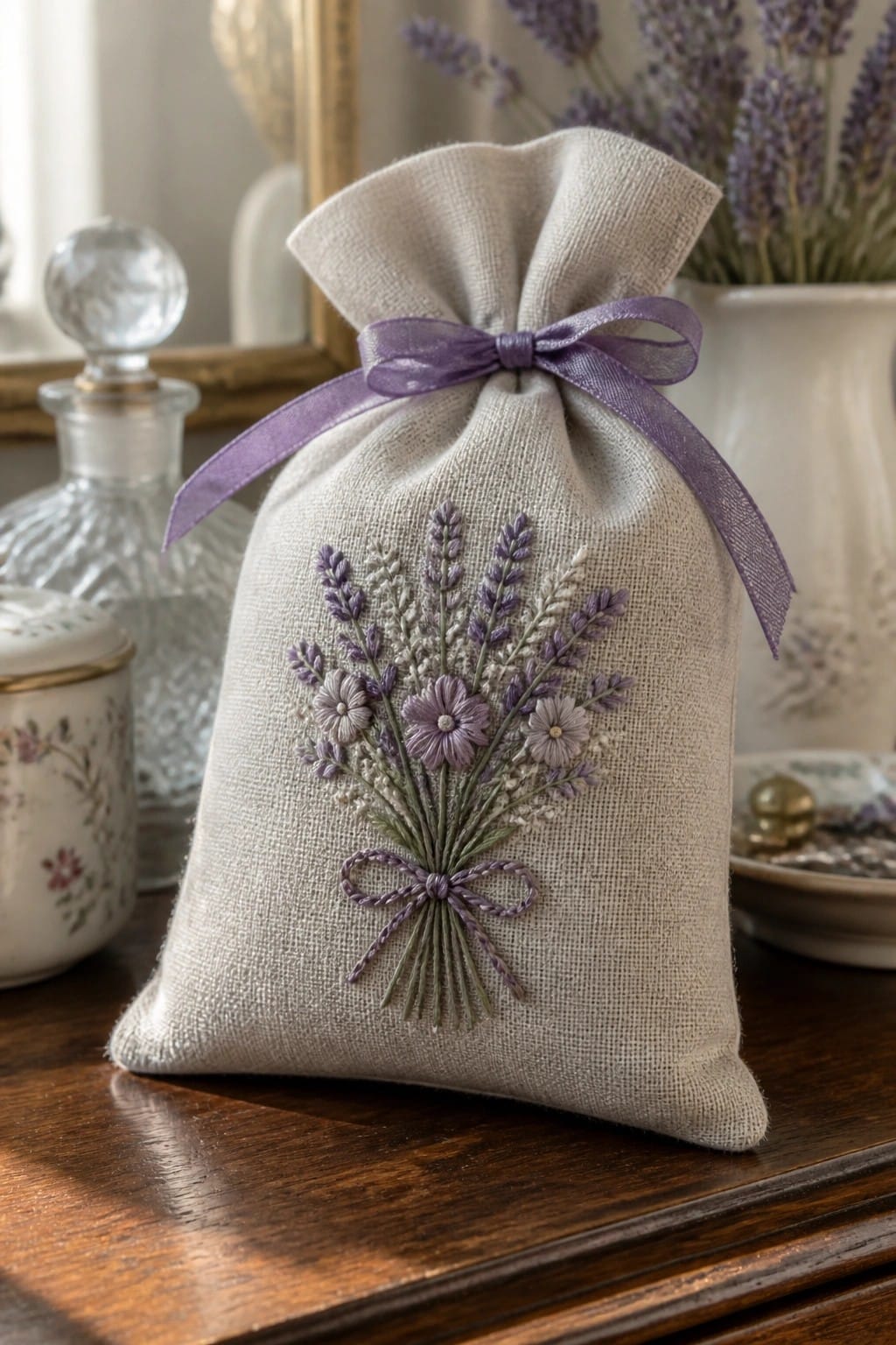 A rectangular embroidered fabric with assorted flowers pinned to a corkboard.