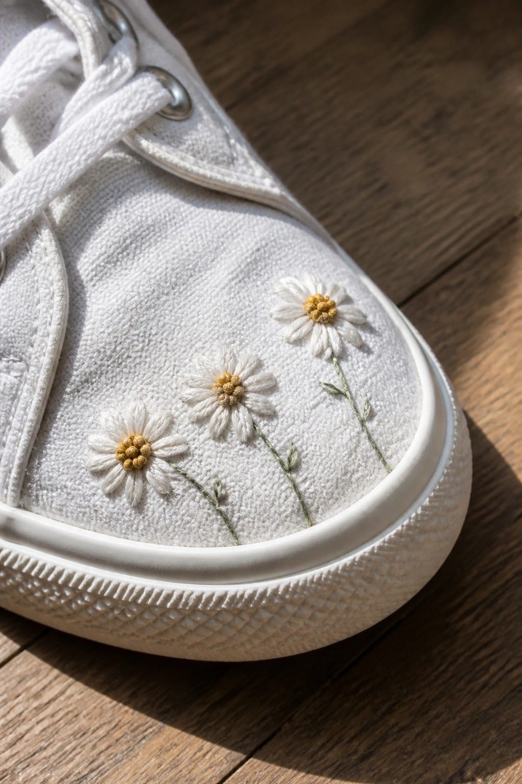 Hand holding white baby onesie with pastel flower embroidery on patterned blanket
