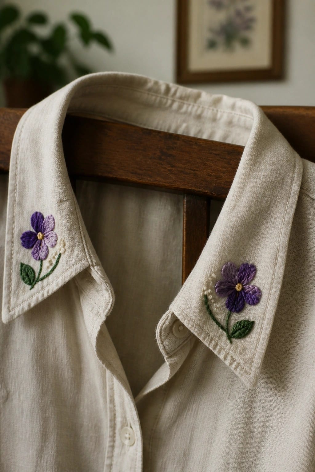 Off-white linen shirt with purple floral embroidery on collar over wood