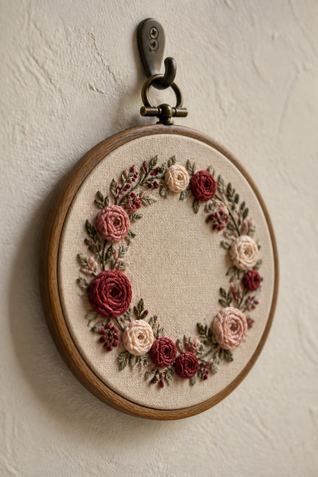 Wooden embroidery hoop with pink rose wreath hung on white wall with metal hook