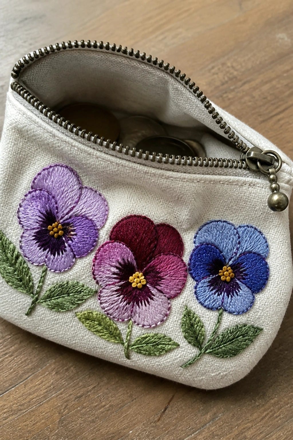 Embroidered sunflower pouch on wooden table with scissors, threads, and embroidery hoop
