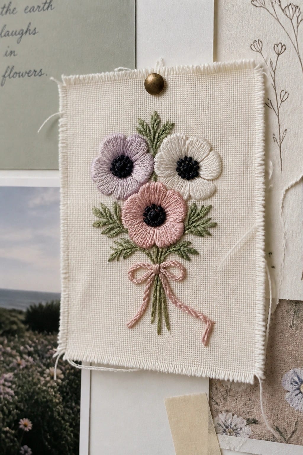 Embroidered bouquet of purple, pink, and white flowers with pink bow on fabric