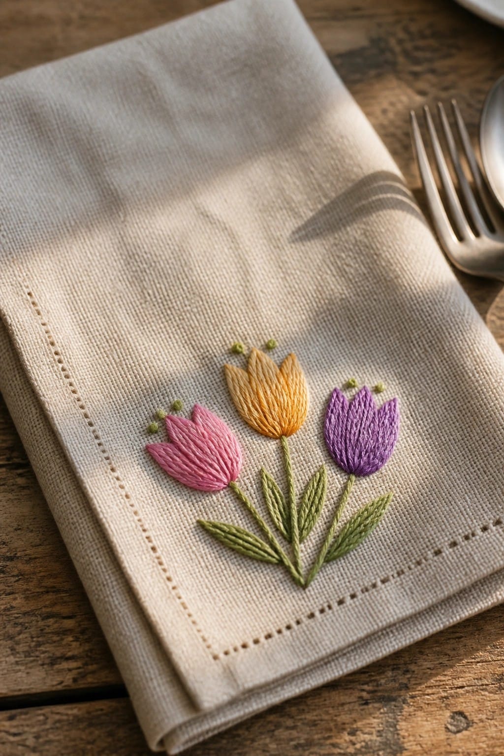 Beige apron with embroidered lavender bundle hanging on a wooden chair.