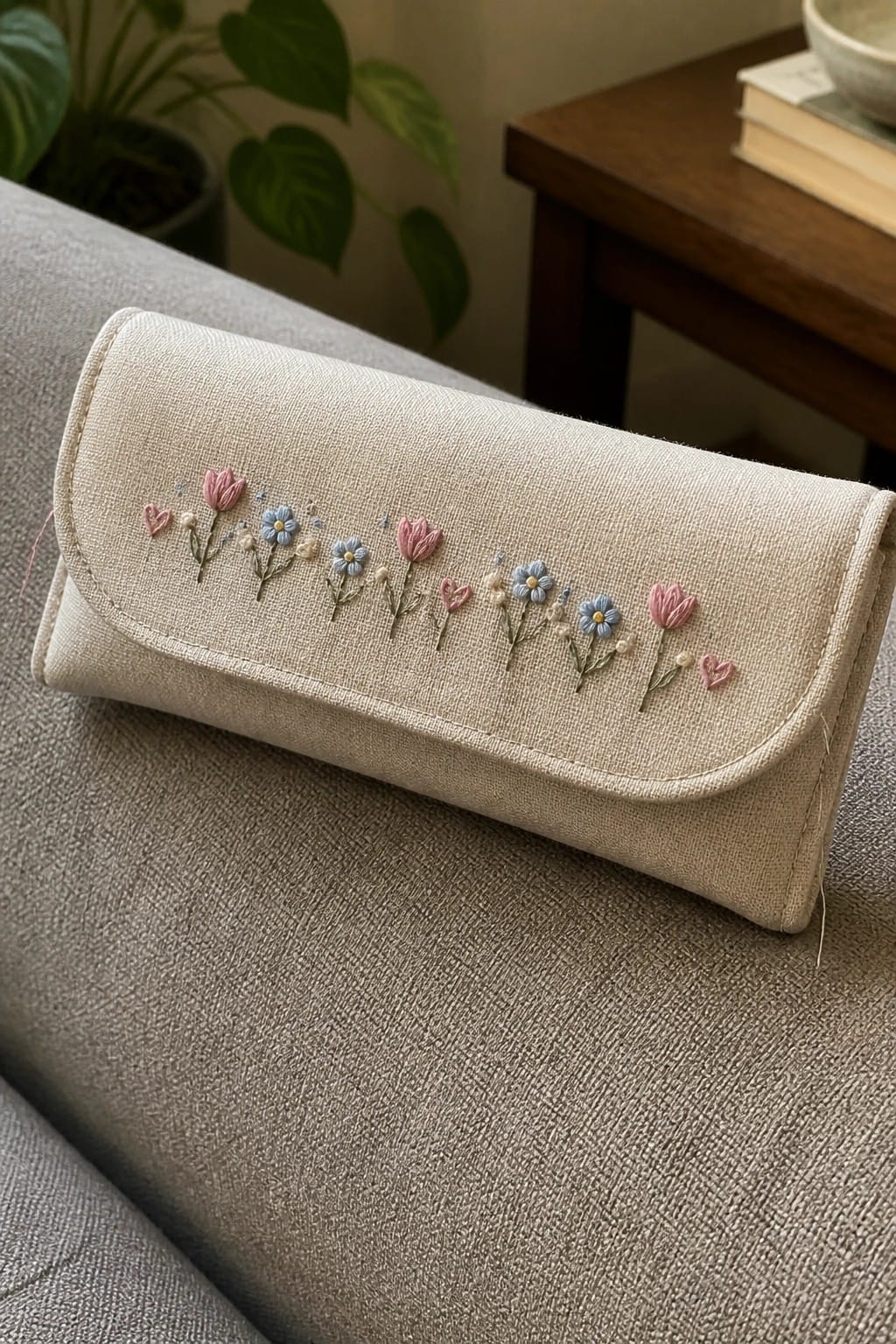 A beige fabric pouch with a horizontal row of small pink tulips, blue daisies, and pink hearts embroidered along the flap.