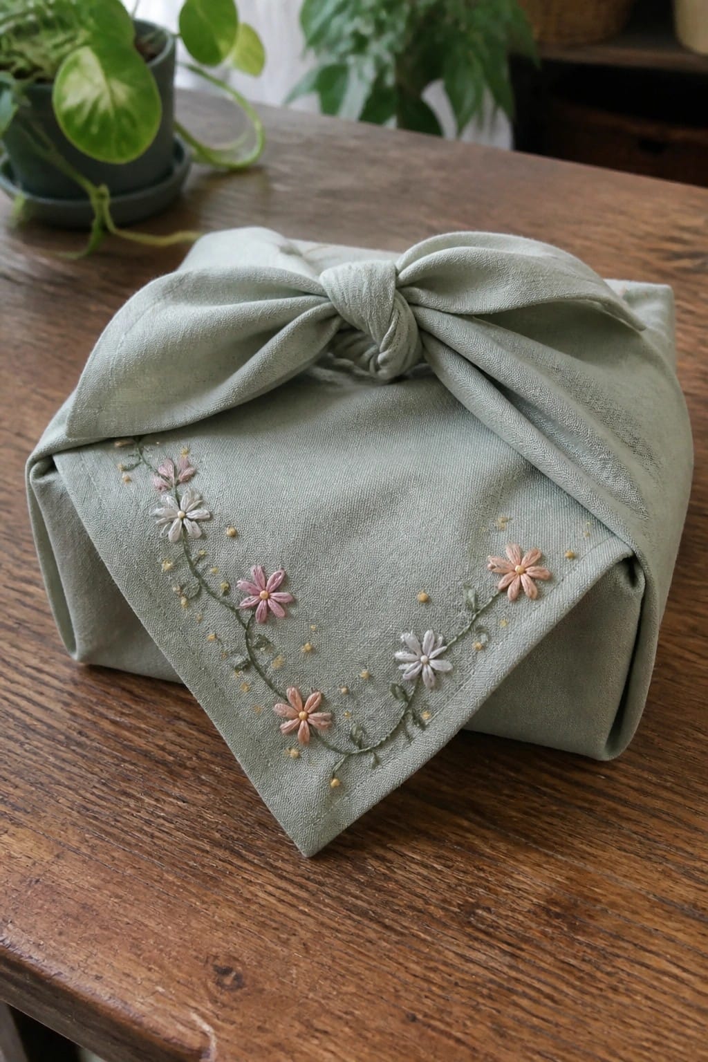 Sage green embroidered cloth with pink flowers tied in a bow on wooden table
