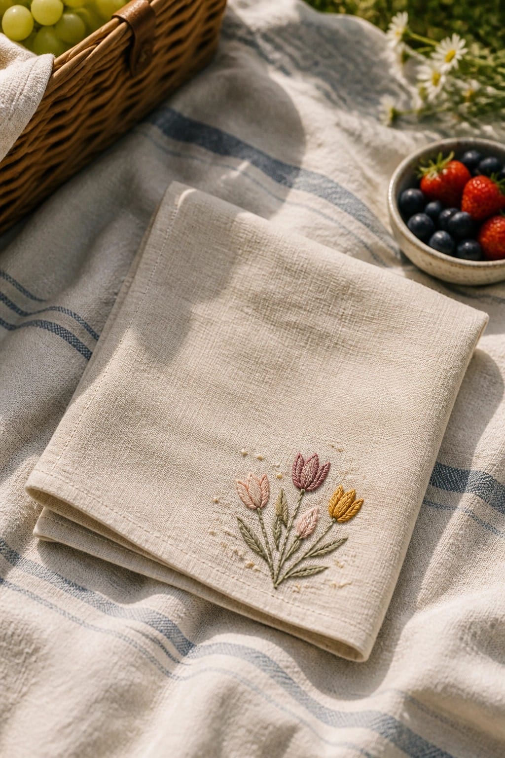 Cream linen napkin with colorful floral embroidery on striped picnic blanket