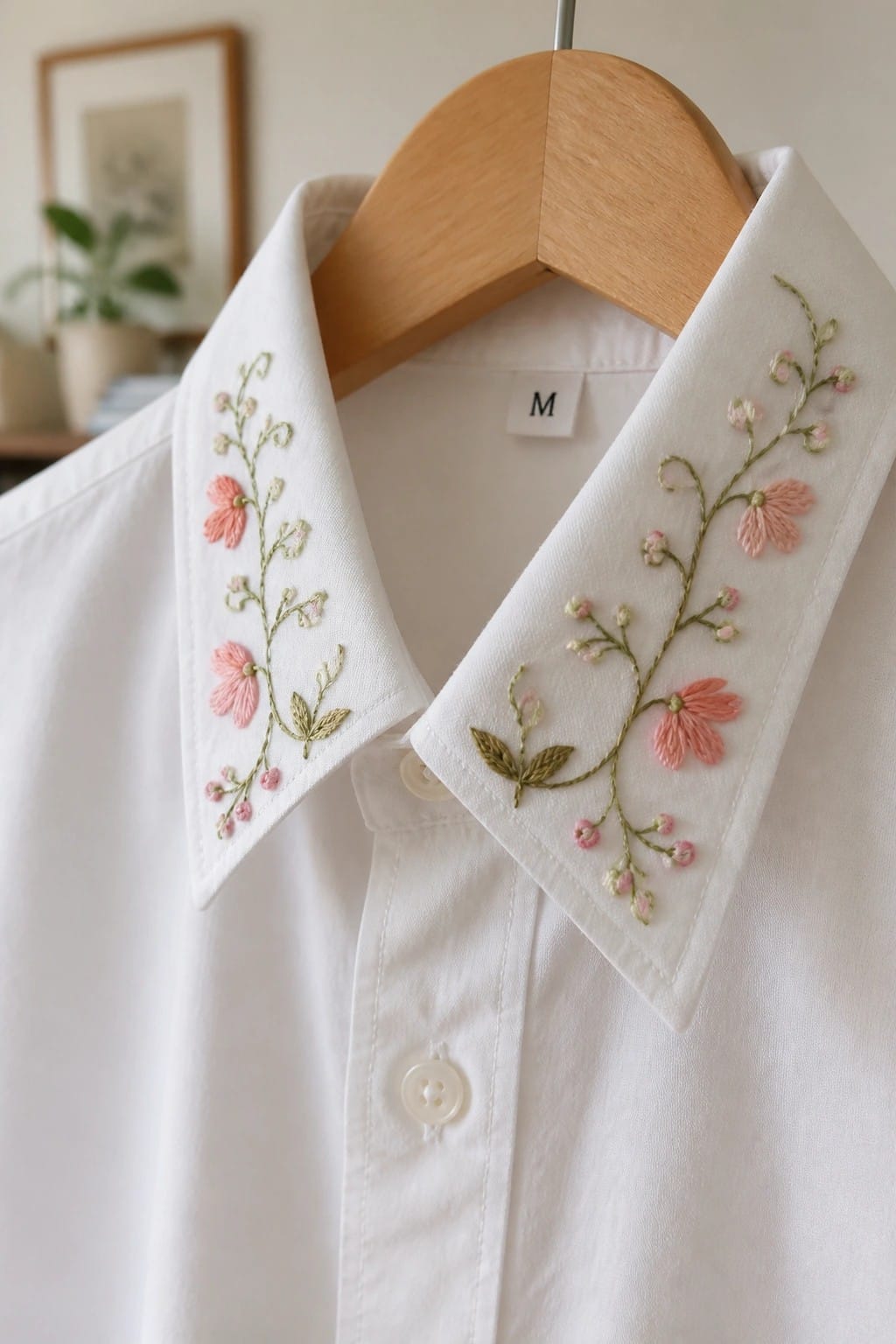 Pink scrunchie with tulip embroidery on wooden table amid jewelry and accessories.