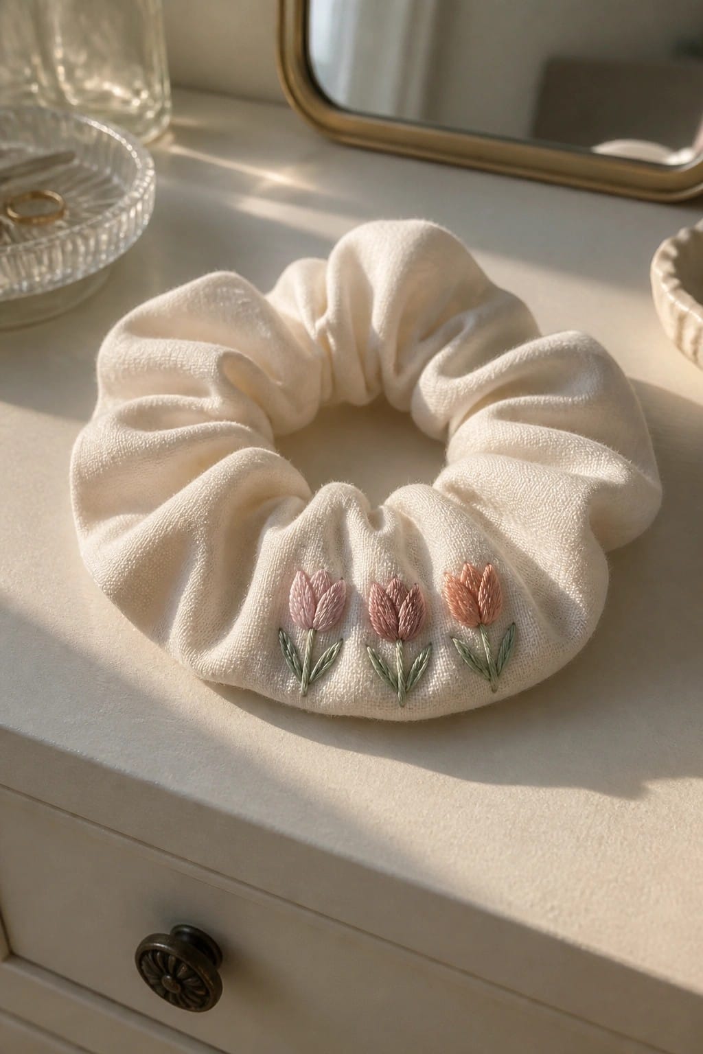 Cream scrunchie with three embroidered pastel tulips on white dresser.