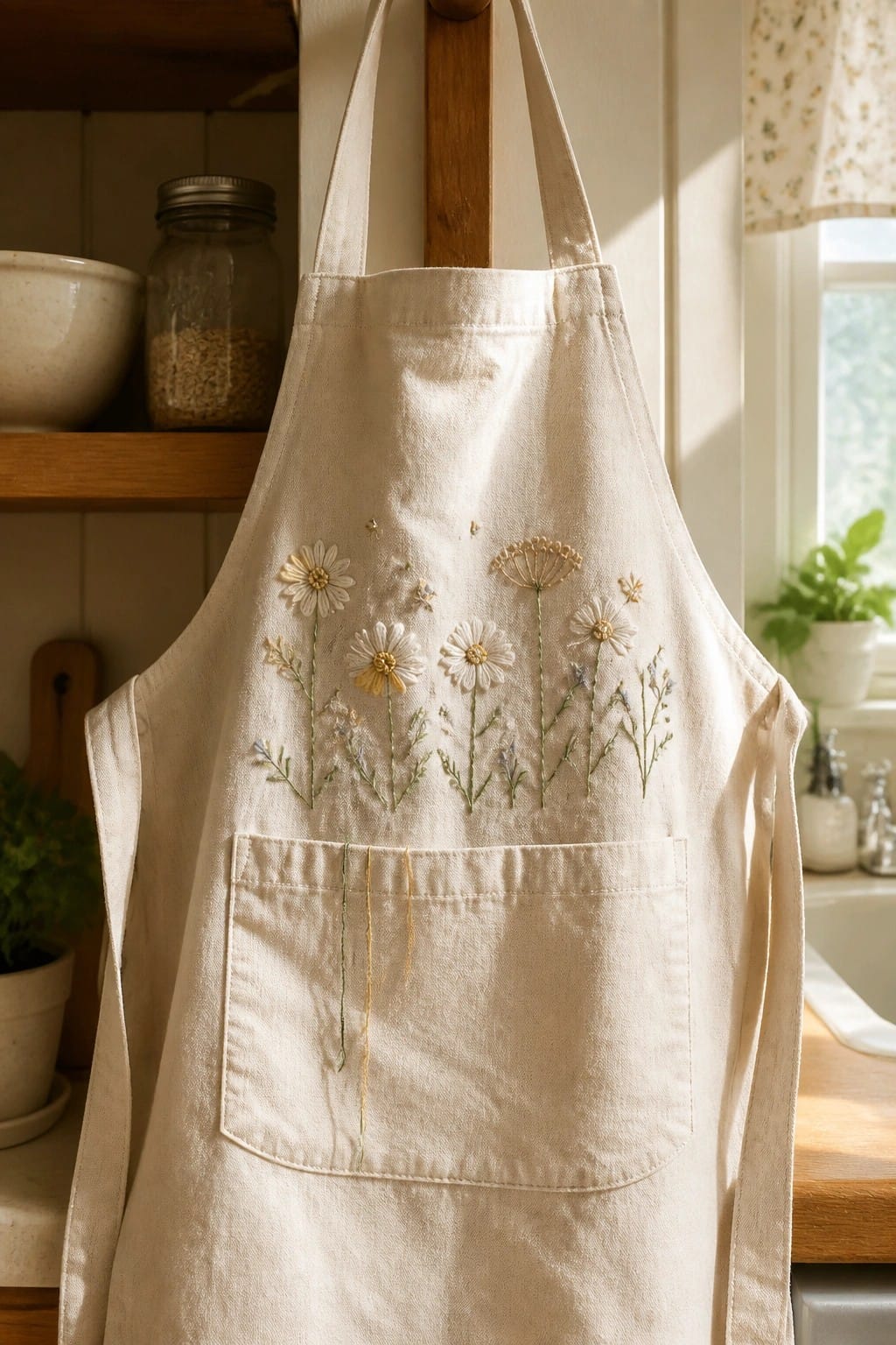 A narrow beige fabric bookmark with embroidered blue, white, and purple flowers rests on a folded knit sweater.