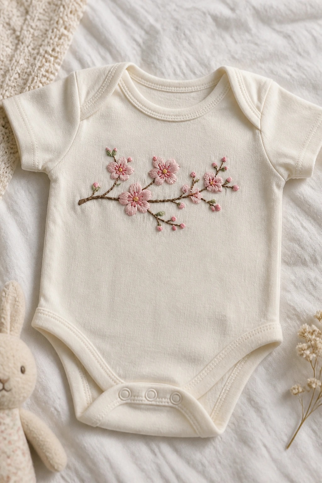 Cream baby onesie with pink cherry blossom embroidery beside bunny toy and dried flowers.